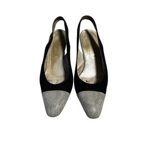 Minelli Slingback Heels Gray Snakeskin Cap Toe Black Heeled Shoes VTG